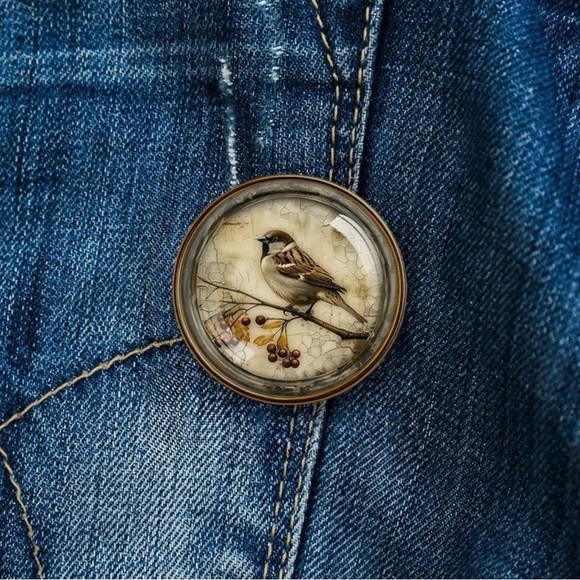 Jewelry - Nostalgic, Retro-Style Illustration of Sparrow, Berry & Branch Pin